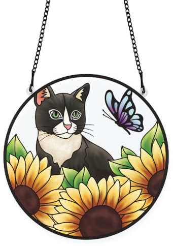 PLIGREAT Suncatchers Cat Sunflower Acrylic Stained Glass Sun Catcher Summer Patio Garden Hanging Tree Ornaments for Bedroom Living Room Window Decoration Wall Art Decor Housewarming Memorial Gifts