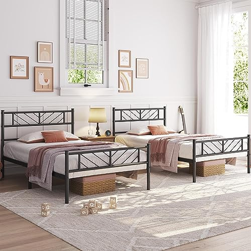 Yaheetech 2er Set 90 x 200 cm Metallbett Minimalistischer Bettrahmen mit Kopfteil Gästebett mit Lattenrost für Schlafzimmer Schwarz