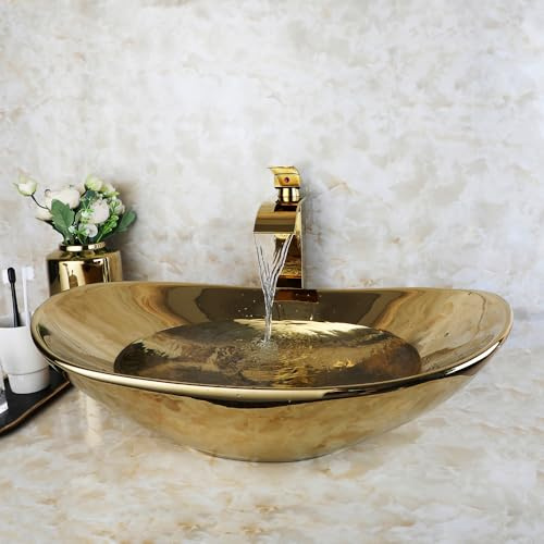 KECTIAKL Bathroom Vessel Sink Bowl 23 Inch Gold Ceramic Sink Wash Basin,Above Counter Oval Bathroom Sink with Waterfall Faucet and Pop-up Drain Combo
