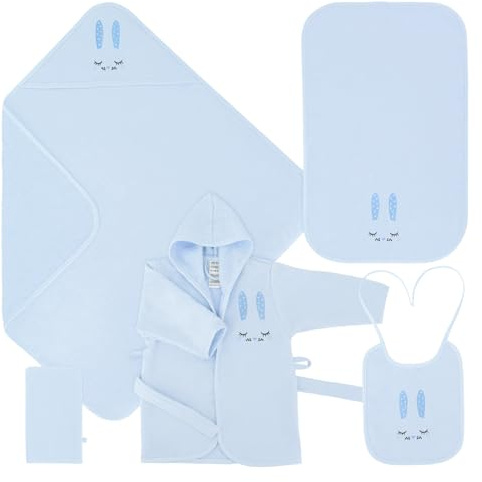 Celodoro Baby Presentset 5 delar – presentförpackning med badrock, badhandduk med huva, handduk, tvättlapp, haklapp – för småbarn 0–12 månader, blå, 0-12 månader