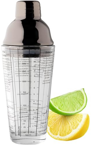 Glass Recipe Cocktail Shaker Tool - 400ml (14fl oz). Built-in Ice Strainer, Silicone Seal & Spirit Measure Cap. Stainless Steel Gun Metal Coloured Lid. Measuring Scale & Recipes on Side of Glass.