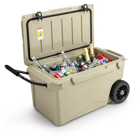 COSTWAY 71L Isolierbox tragbar, Kühlbox grau inkl. Alugriff & großen Rädern, Wärmebehälter mit Flaschenöffner und Abflusssystem, Thermobox belastbar bis 100kg für Camping Picknick Angeln
