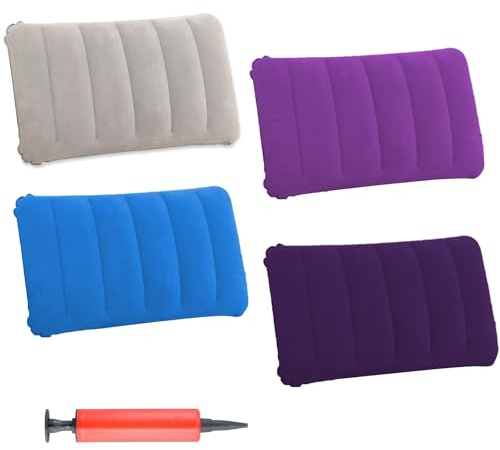 Anseom 4 Pcs Inflatable Pillows for Camping and Travel Ultralight Compact Portable Pillow Cushion Flocked Fabric Air Pillow for Desk Rest Soft Blow Up Pillows Set with Inflator