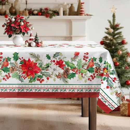 Arquiel Weihnachten Blumen Tischdecke Polyester Rechteckig 152 x 213 cm | Waschbare Polyester-Tischdecke mit Blumen-Motiv, wasserabweisend und pflegeleicht für Küche, Esszimmer, Feste und Feiern.