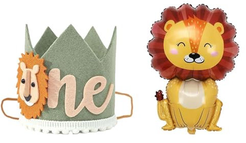 1 corona de león para cumpleaños con 1 globo sonriente, sombrero de cumpleaños para niños y niñas, decoraciones de fiesta en la selva