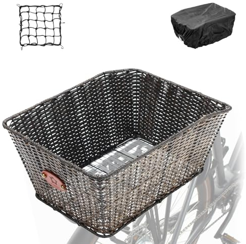 PIREKZUNT Bike Basket Rear, 16X11.4X7.4 Natural Rattan Beach Cruiser Bike Rear Basket with Waterproof Cover,Cargo Net, Handmade Woven Rectangular Bicycle Rear Basket for Women's and Mens Cruiser