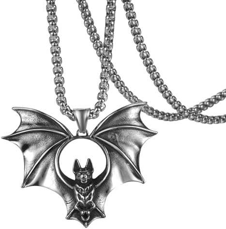 Flongo Gothic Fledermaus Halskette für Herren :: Vintage Gothic Punk Rock Große Fledermaus Anhänger Edelstahl Tier Kette Accessoires Schmuck Halloween Karneval Party Vampir Hexe