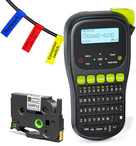 EazeID Label Maker Machine with-Tape, Cable Label Maker Waterproof-Labels, Handheld Electric Label Maker with Keyboard, Wire Labeler Backlight Screen for Home Office Industrial Warehouse Use, H1100