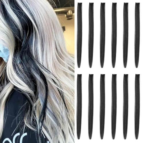 Colored Hair Extensions Clip In, 12 Pieces, Black