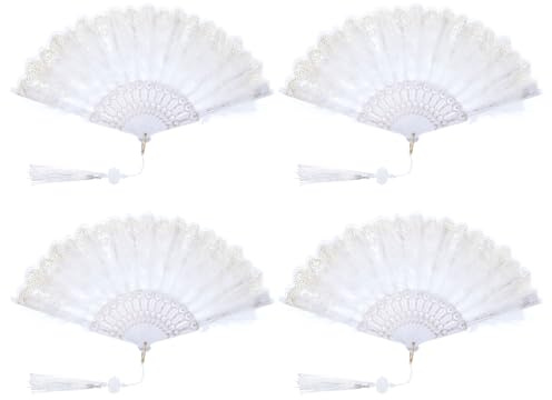 PATIKIL Embroidered Flower Marabou Feather Fan, 4 Pack 1920s Vintage Folding Handheld Fan Chinese Flapper Hand Fan for Costume Party Dancing Wedding Show Tea Decoration, White