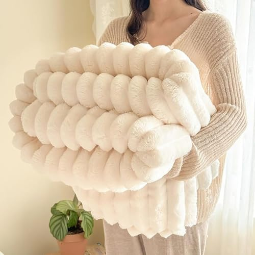 Generico Coperta Bunny per Adulti, Coperta Bunny per Donne, Coperta Morbida in Pelliccia Sintetica di Coniglio, Plaid Soffice con Bolle per Letto, Divano, Sofa,150x200cm(59x79in),White