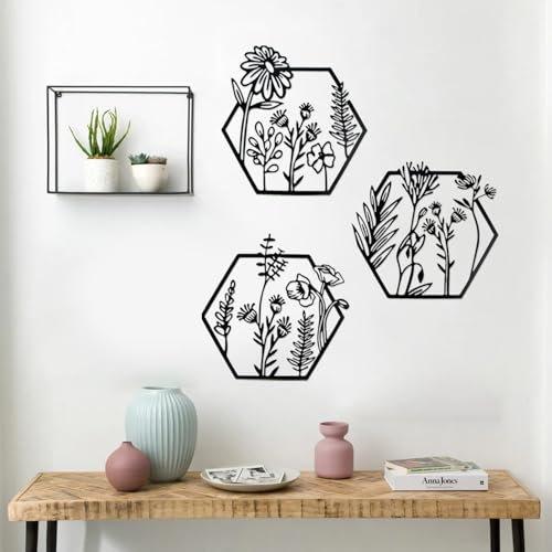 xiruiubao Quadro 3d,Fiori Quadretti da Parete,3 Pezzi Quadri in Metallo,Minimalist Fiore Arte Linea Decorazioni da Parete per Camera da Letto,Soggiorno,Ufficio,Decorazione da Parete in Metallo Nero