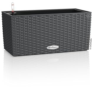 LECHUZA-Pflanzgefäß BALCONERA Cottage 40 Granit, Balkonkasten mit Bewässerungssystem, Wasserstandsanzeiger und Pflanzeinsatz, Flechtoptik, 40 x 19 x 19 cm, 15471