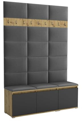 Brent - Garderobenschrank Flur Artisan Eiche Schwarz mit sitzbank 150 cm Breit Luton 3 - Multifunktionale Flurgarderobe Set mit Stauraum und Wandpaneel, Garderobe mit Sitzfläche und Kleiderhaken