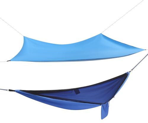 Camping-Hängematte Blau mit Moskitonetz,Hängematten mit Zelttuch und Regen Fliege Tarp,Tragfähigkeit 200kg superleichte tragbare Hängematte für Outdoor-Aktivitäten Backpacking Wandern Camping Reisen