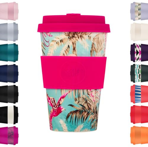 Ecoffee Cup 14oz 400ml Reusable Eco-Friendly 100% Plant Based Coffee Cup with Silicone Lid & Sleeve - Melamine Free & Biodegradable Dishwasher/Microwave Safe Travel Mug (Rancho Aloha)