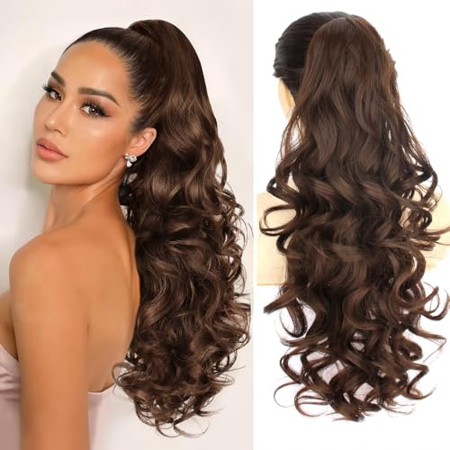 PORSMEER Pferdeschwanz Haarteil mit Klammer,Klauen Claw Clip in Haarverlängerung, 66cm Lang Voluminös Gewellt ponytail extension haarteil zopf Braun farbe für Damen