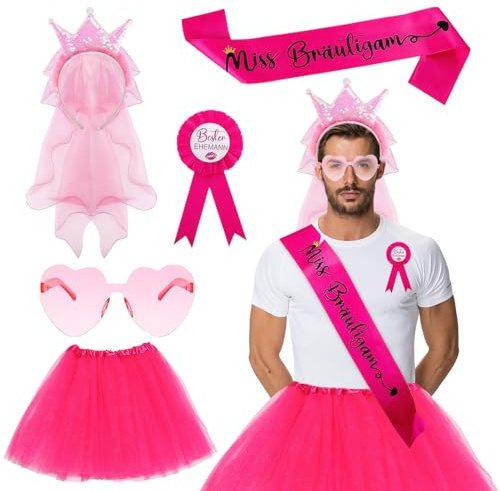JGA Männer Kostüm Set, Junggesellenabschied Männer Outfit, Lustige Kostüme | Miss Bräutigam Schärpe, Paillettenkrone Schleier Haarband, Rosa Herz-Sonnenbrille & Tütü Männer für Polterabend