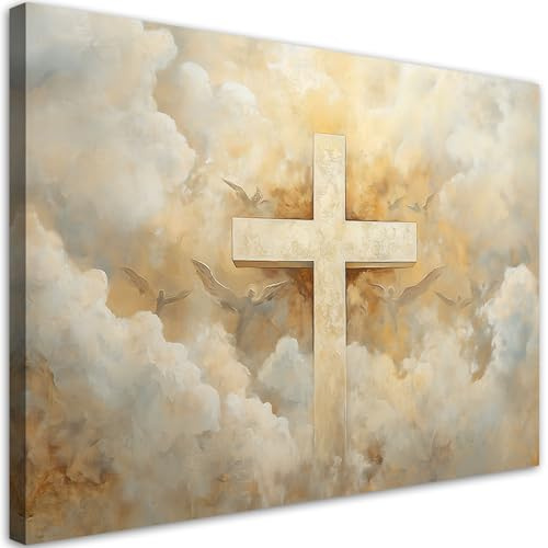 Feeby Bild auf Leinwand - Wandbilder Wohnzimmer Aesthetic - Kreuz Himmel Religiös - 60x40 1tlg - Schlafzimmer Wandekoration - Bilder Zimmer - Living Room - Deko Wandbilder - Moderne Bild