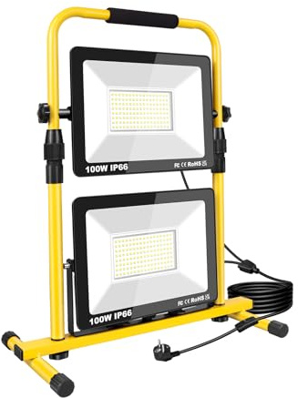RIGIDON 2x 100W led baustrahler, 20000lm tragbarer led arbeitsscheinwerfer | 5 meter kabel, aufklappbarer 360°, strahler, arbeitsstrahler, 6000K, bauscheinwerfer, für werkstatt baustelle garage garten