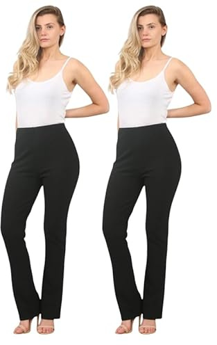 Ladies Bootleg Stretch Trousers (Pack of 2) – Ribbed Elasticated Waist Pull On Work Pants – Black, Navy, Grey Bottom – Plus Size 8-26 – Nurse, Carer, Casual Bootcut Women’s Trousers UK