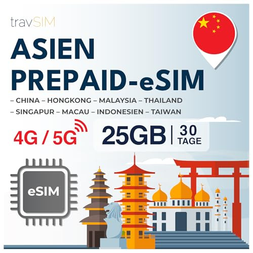 eSIM Asien travSIM | 30 Tage - 25GB | Asien eSIM, Nutzung in Macau, China, Hongkong, Malaysia, Thailand, Singapur & mehr | Zugang zu Google, Facebook, Whatsapp & mehr | Keine Roamingkosten
