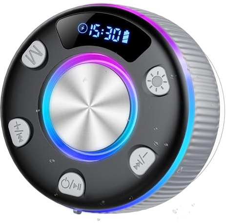 Cassa Doccia Bluetooth 5.3, Cassa Bluetooth Doccia con Luce RGB, IP7 Impermeabile Speaker con Ventosa, 8 Ore Stereo USB-C, Altoparlante Bluetooth Portatile per Bagno Piscina Feste, Grigio