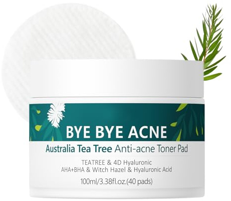 Tea Tree Toner Pads(40 Pads, 100ml), Mild Exfoliating & Soothing Cotton Facial Toner Pad for Acne Prone, Oily, Clogged Skin
