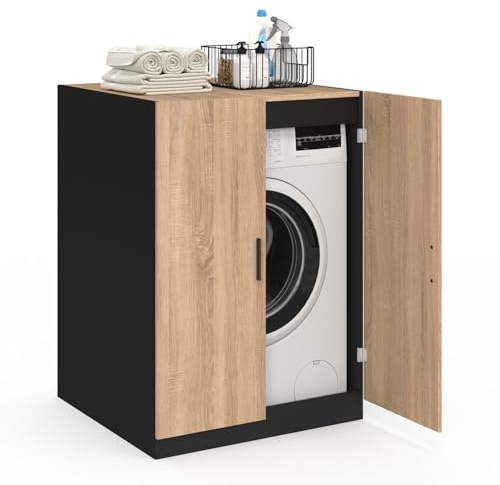 IDMarket - Meuble pour Machine à Laver avec Portes Wallis Noir et Bois façon hêtre