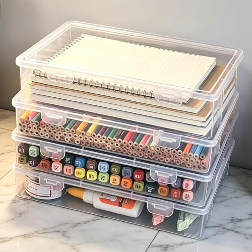 ENUTROF Aufbewahrungsbox mit Deckel Kunststoffbox Dokumentenbox Plastikbox | 4STK 27x19x5cm Aktenbox Plastic Storage Box Transparente Papieraufbewahrung Mehrzweck-Aufbewahrungsbox für Briefe Sammelalben