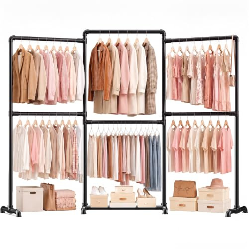 OPPAIYA Heavy Duty Clothes Rail, Up to 294cm Extra Large Clothes Rail for Bedroom, 6 Rails Flexible L/U-Shaped Open Wardrobe, Width Adjustable Metal Wardrobe Rail, Black