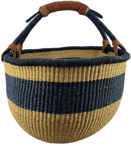 Stor Rund Bolga-Korg ca. Ø 40 x 40 cm – Handgjord i Ghana – Fairtrade – Kundkorg med Läderhandtag – Blå-Naturlig