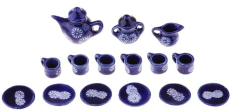 QUXVUIS Service à thé Miniature en Porcelaine (15 pièces) pour Maison de poupée, Comprenant théière, Assiette, Tasse et Soucoupe. Échelle 1/12.