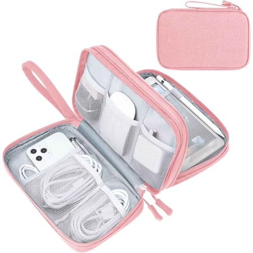 FYY Travel Cable Organiser, Electronics Accessories Bag, Waterproof Tech Storage Pouch, 2-Layer Universal Carry Case for Charger, Power Bank, Hard Drive Large-Pink