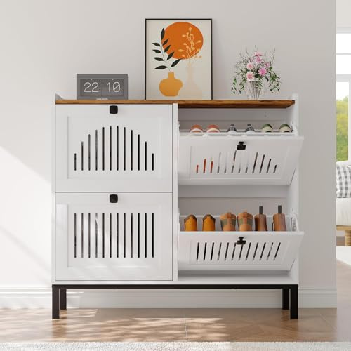 Garvee Schuhschrank Schmal mit 4 Klappen Schuhregal Schuhkipper platzsparend Schuhkommode für Diele Flur Garderobe Weiß 105 x 24 x 96 cm