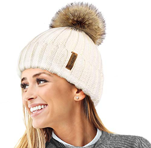 TOSKATOK® Cappello/Berretto Lavorato a Maglia Invernale Donna con Pelliccia Staccabile in Eco-Pelliccia Pesante Pom Pom-Cream