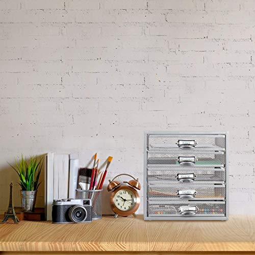 Relaxdays Schubladenbox, 5 Schubfächer, für Din A4 Dokumente, Ordnungssystem für Schreibtisch, Aktenablage, silber