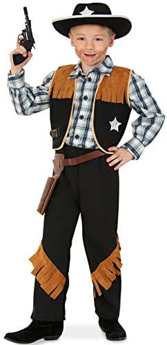 KarnevalsTeufel Kinderkostüm-Set Sheriff, 5-tlg. Weste, Hose, Cowboyhut, Revolvergürtel und Spielzeug-Revolver | Größen 104-152 | Cowboy, Wilder Westen, Karneval (140)