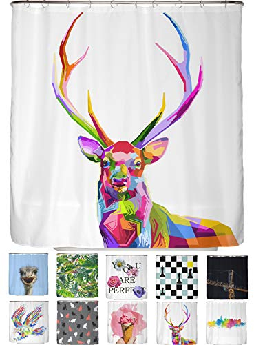 arteneur® - Bunter Hirsch - Anti-Schimmel Duschvorhang 180x200 - Recycelt mit Öko-Tex Standard 100 - Beschwerter Saum, Blickdicht, Wasserdicht, Waschbar, 12 Ringe & E-Book mit Reinigungs-Tipps