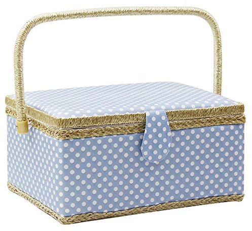 Großer Nähkorb mit Zubehör, Holz-Näh-Organizer-Box für Nähzubehör und DIY-Handwerk-Werkzeuge, zum Nähen, Tupfen (blau)