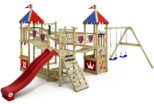 WICKEY Parco giochi in legno Smart Queen Giochi da giardino con altalena e scivolo rosso, Torre d'arrampicata da esterno con sabbiera e scala di risalita per bambini