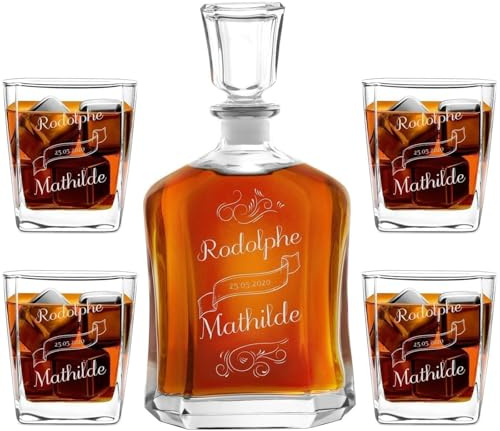 Maverton Ensemble de Carafes Personnalisés a Whisky Rhum Cognac Avec 4/6 | Verres a Whisky Gravés pour couple, 700 ml Service Universel Verre Whisky et Carafe, Nom