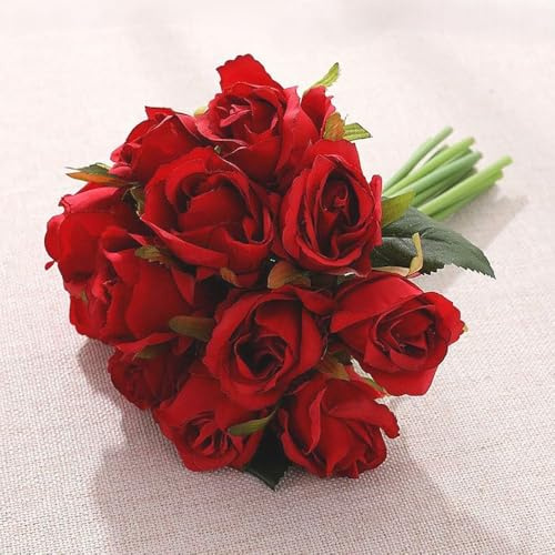 Aiinoo Künstliche Rosen, einzelner Stiel, künstliche Seidenblumen, Blumenstrauß, fühlt Sich echt an, für Zuhause, Party, Hochzeit, Dekoration, Rot, 12 Stück