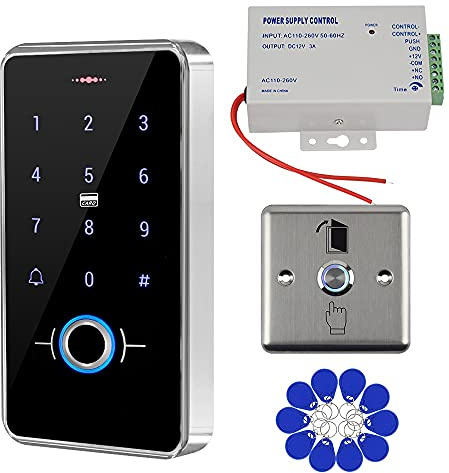 Gaocinys Kit di controllo degli accessi porta RFID IP68 impermeabile tastiera con impronta digitale, alimentazione 12V, pulsante interruttore porta in metallo, 10 portachiavi IC per casa/appartamento