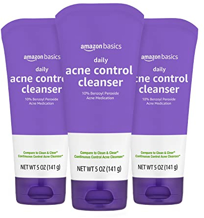 Amazon Basics Acne Treatment Face Wash - Daily Control Cleanser, Maximum Strength 10% Benzoyl Peroxide for Stubborn Breakouts, 5 Ounce (3-Pack)