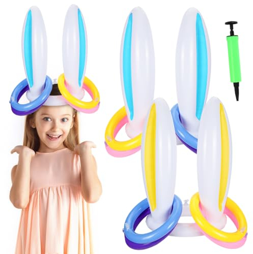 2 Set Wurfspiel Kinder Aufblasbare Hasenohren，Wurfspiel Ostern Outdoor，Hasenohren wurfspiel mit 8 Bunt Ringe Und 1 Luftpumpe，für Familientreffen zu Ostern, Outdoor Aktivitäten（Blau und Gelb）