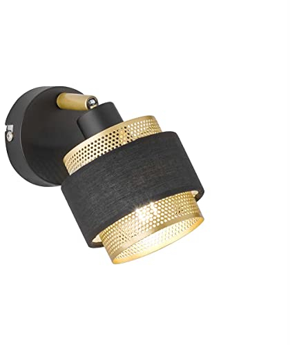 WOFI Design Wandstrahler GROVE Schwarz/Gold mit einem runden Lampenschirm aus Metall & Stoff, Spot schwenkbar E14 Fassung