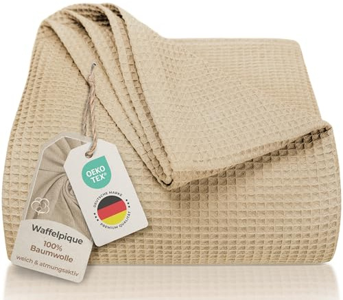 LAYNENBURG Premium Tagesdecke 150 x 200 cm - Waffelpique 100% Baumwolle - leichte Sommerdecke Waffeloptik - Baumwolldecke als Bett-Überwurf, Couch-Überwurf - Sofa-Decke (Sand Taupe)