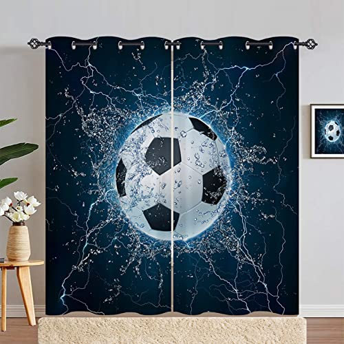 ANHOPE Football Curtains Eyelet 80% Blackout Curtains with Sports Theme Ball Soccer Print Pattern Thermal Soundproof Window Drapes for Kids Boys Girls Teens Bedroom Living Room 46 x 72 Inch 2 Panels