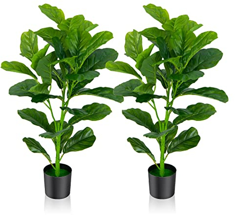 Goplus Fake Fiddle Leaf Fig Tree, 2-Pack 35.5'' Tall Artificial Tree Greenery Plants in Pots with 32 Leaves, Decorative Faux Trees for Indoor Home Office